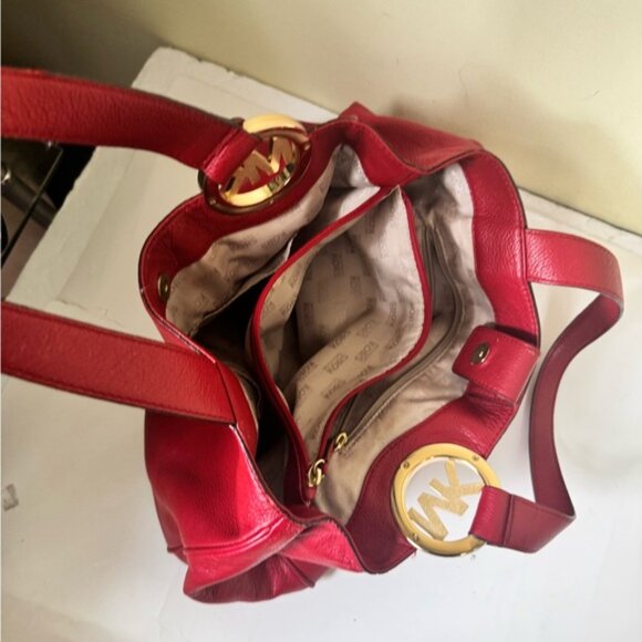 Michael Kors Leather Fulton East West Shoulder Tote Bag Satchel Compartments Red - Picture 6 of 16